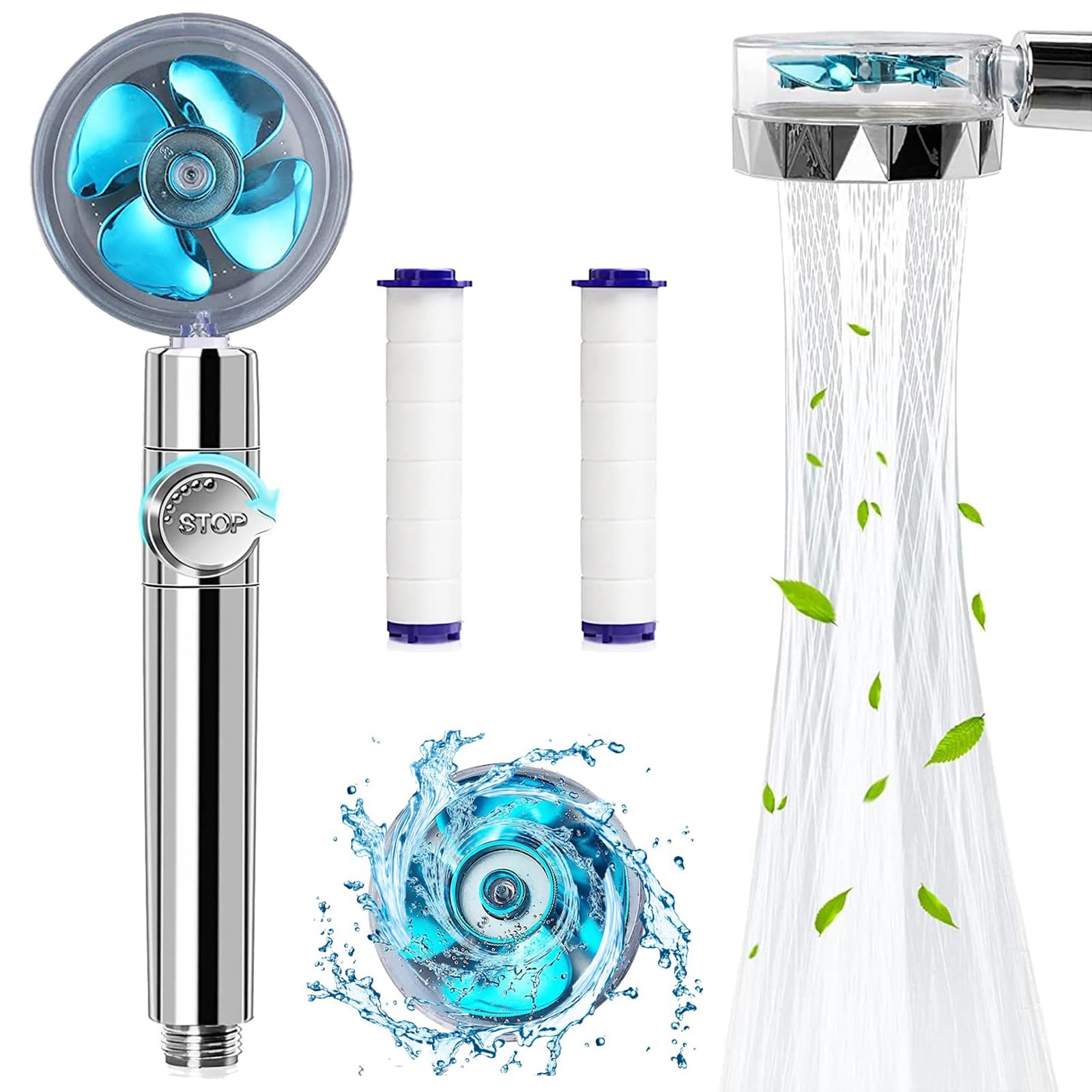 High Pressure Turbo Fan Drive Jet Shower Head - Water Saving with Stop Button and 2 Filter - 360 Degree Rotating