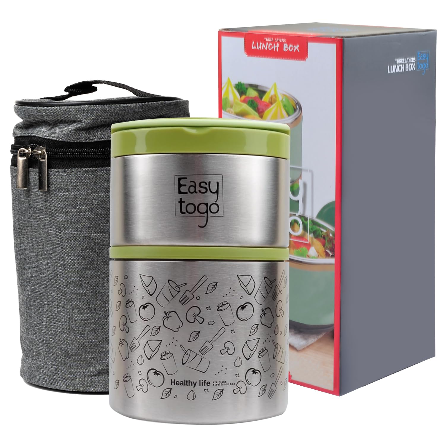 Photo 1 of Easy Togo 2-Tier Lunch Box - 32oz Stainless Steel Stackable Insulated Food Container with Lunch Bag, Portable Lunch Box for, Adult, Women, Men, Green Togo LunchBox
