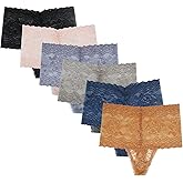 Amwounu High Waist Lace Thongs Underwear For Women Plus Size Floral High Rise Lacy Retro Thong Pantie Pack of 6