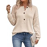 Saodimallsu Womens Henley Sweater Tops Fall Button Crew Neck Long Sleeve Trendy Loose Ribbed Knit Pullover Sweaters