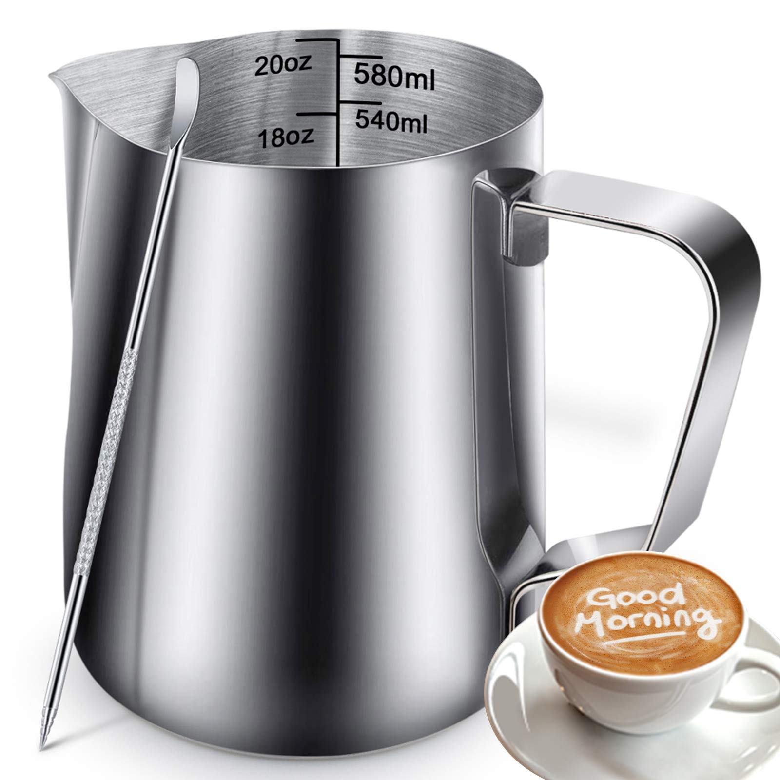 Milk Frothing Jug, Milk Frothing Pitcher Pouring Jug Espresso Cup with Measurement Inside 600ml/20OZ Stainless Steel Creamer Cup with Latte Art Pen for Making Coffee Cappuccino Hot Chocolate Machine
