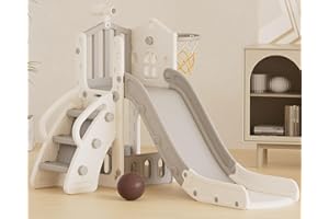 XJD 5 in 1 Toddler Slide, Kids Slide for Toddlers Age 1-3, Outdoor Indoor Playset for Toddlers with Basketball Hoop and Ball, Storage Space Christmas Birthday Gifts for Toddler (Gley)