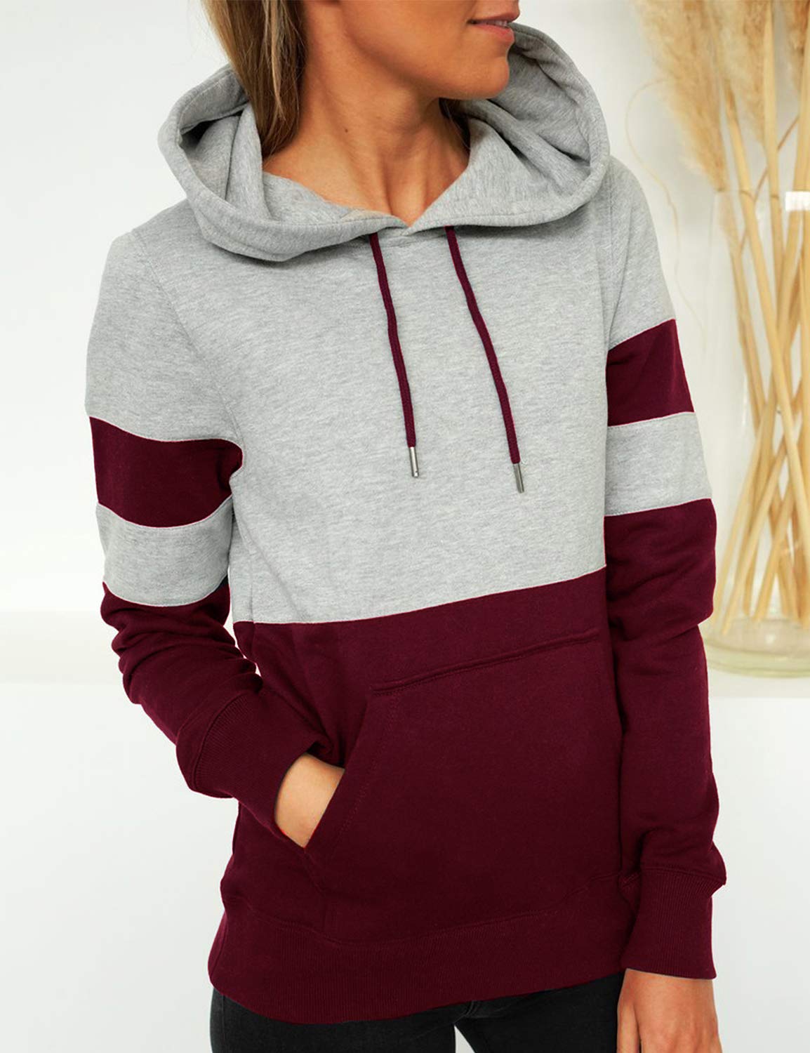 Blooming Jelly Women\'s Casual Pullover Hoodies Color Block Long Sleeve Shirt Hooded Crewneck Sweatshirts Top(M,Red)