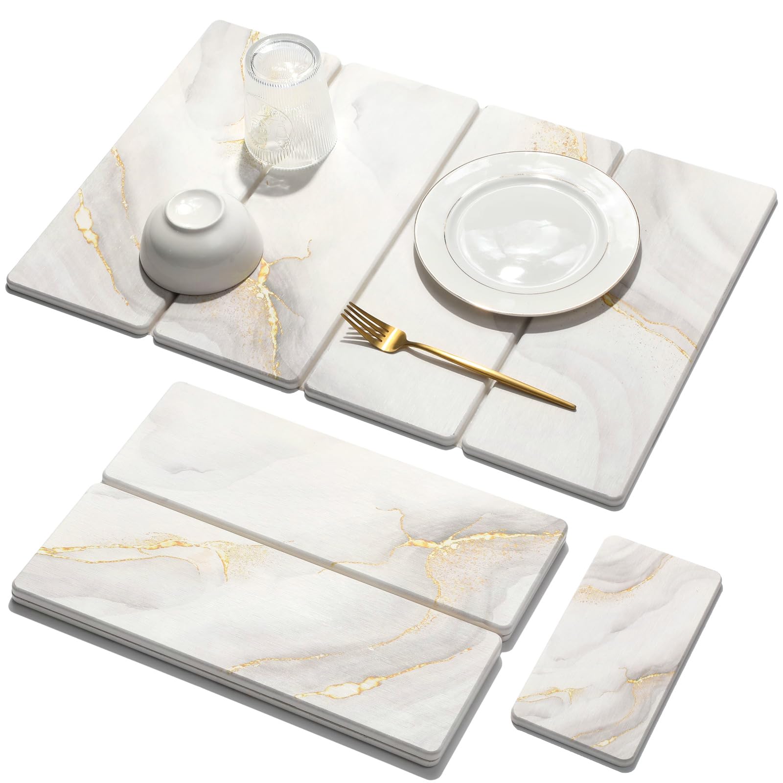 Photo 1 of 2 PCS Large Stone Dish Drying Mat for Kitchen Counter Quick Dry Stone Dishes Mats Marbled Water Absorbing Diatomaceous Earth Drying Pad for Countertop Bottles Utensils Cups (Gold White 24"x16"&8"x4")