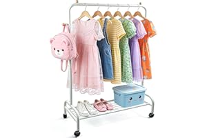 AMDBHC Kids Clothing Rack with Wheels and Bottom Storage Shelf Baby Dress up Rack for Hanging Clothes White Metal