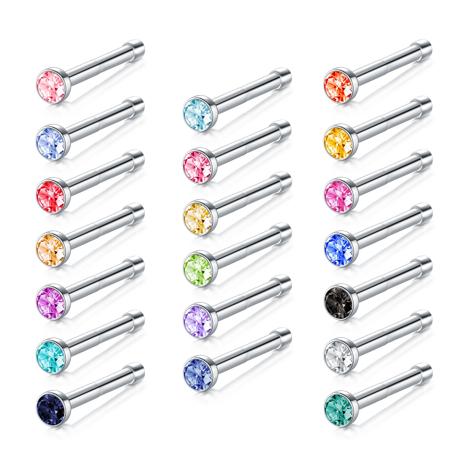 JFORYOU 20 Pcs 18G Nose Studs Pin Set 316L Surgical Steel Nose Pin Nose Stud Nose Bar Nose Bone