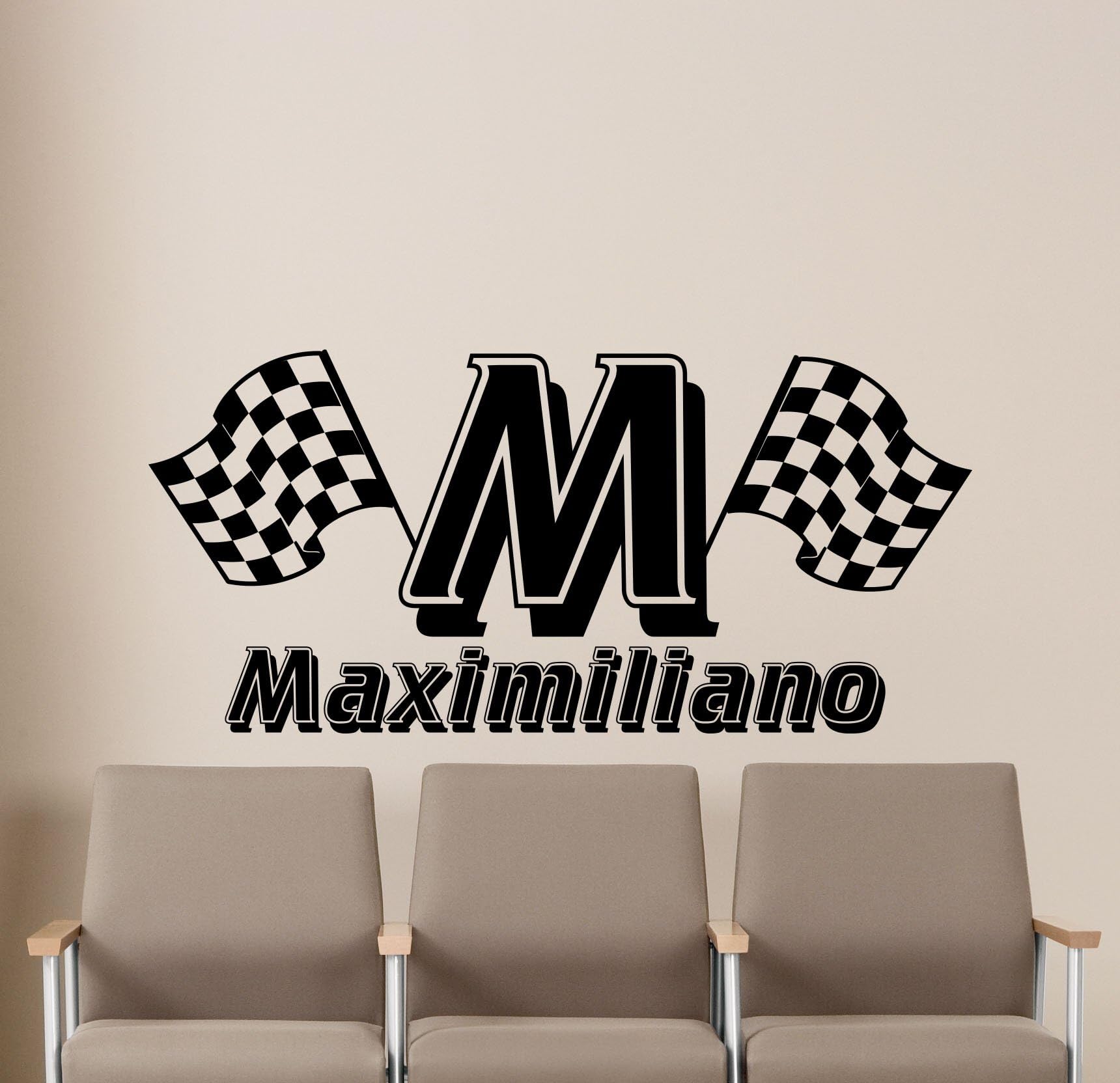 Hannah Larsen Personalized Checkered Flag Wall Decal Race Racing Boy Custom Name Vinyl Sticker Car Sport Nursery Wall Art Teen Kids Room Wall Decor Removable Waterproof Mural 99m