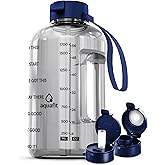 AQUAFIT Half Gallon Water Bottle with Time Marker - Straw & Chug Lid - BPA Free Gym Water Bottle with Straw - Big Gallon Jug (Clarity, 64 oz - 2 Lids)