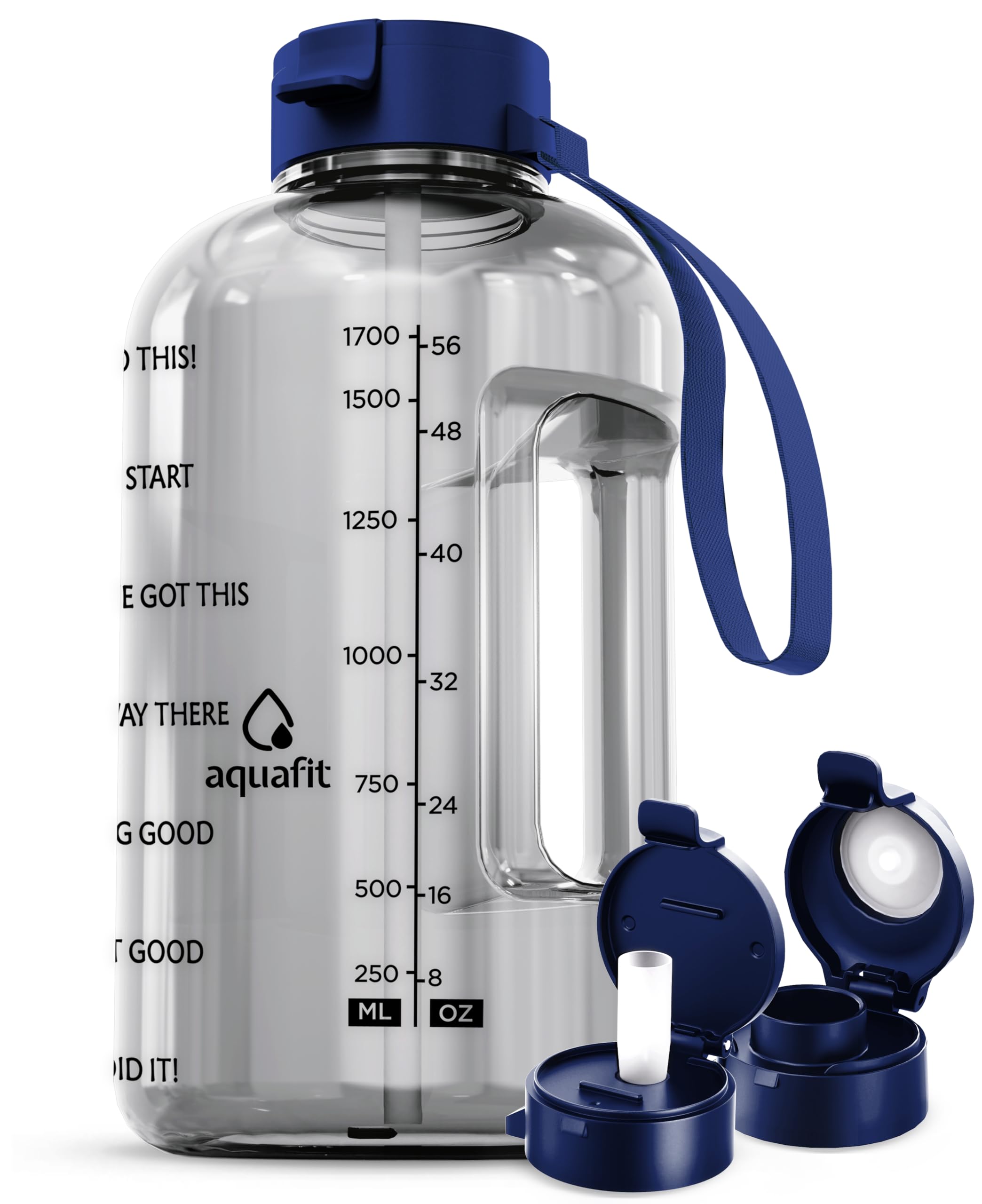 Photo 1 of AQUAFIT Half Gallon Water Bottle with Time Marker - Straw & Chug Lid - BPA Free Gym Water Bottle with Straw - Big Gallon Jug (Clarity, 64 oz - 2 Lids)