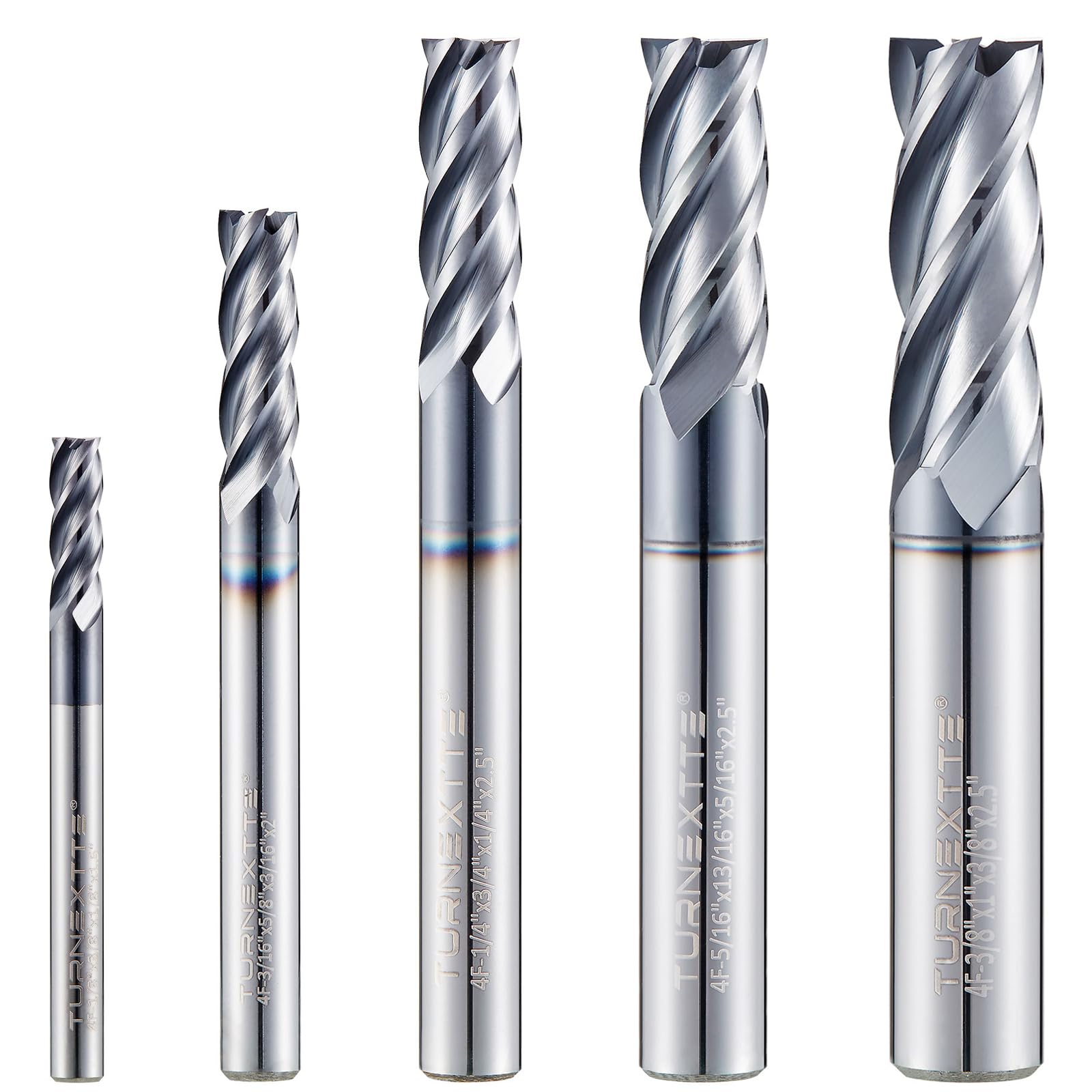 Photo 1 of 1/8" 3/16" 1/4" 5/16" 3/8" Micrograin Carbide Square End Mill Set, 4 Flute HRC 45 Deg AlTiN Coating End Mill Bits Set for Milling Alloy Steels, Hardened Steel,CNC Router Bits for DIYers