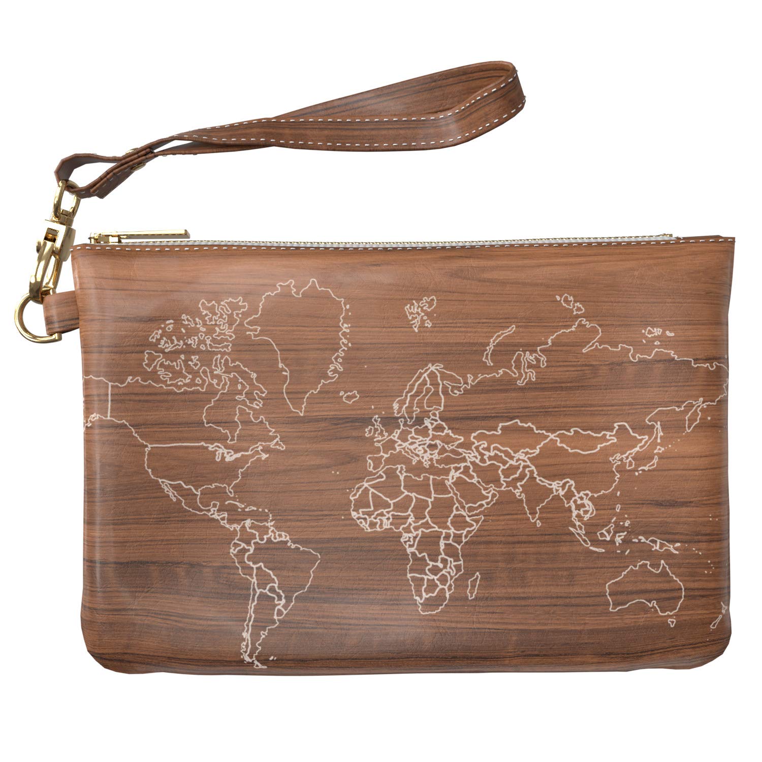 Lex Altern Makeup Bag 9.5 x 6 inch Wood Texture World Map Wanderlust Drawing Sketch Toiletry Women Zipper Organizer Bathroom Storage Wristband Girly Accessories Print Purse Pouch Cosmetic Travel Case