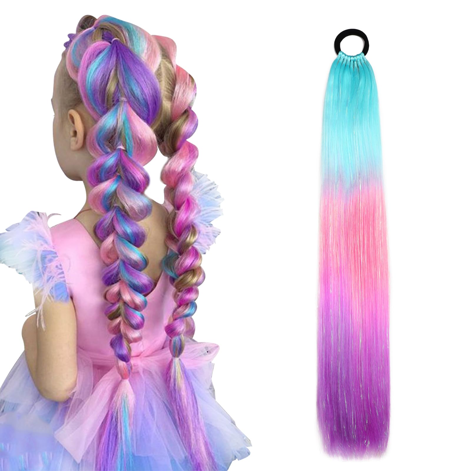 JSTHHTT Coloured Ponytail Extensions, Rainbow Hair Extensions, Hair Accessories for Girl Women, 26 inch 100g Colour Hair Extensions for Braiding, Ombre Mermaid Pony Tail for Parties and Children's Per