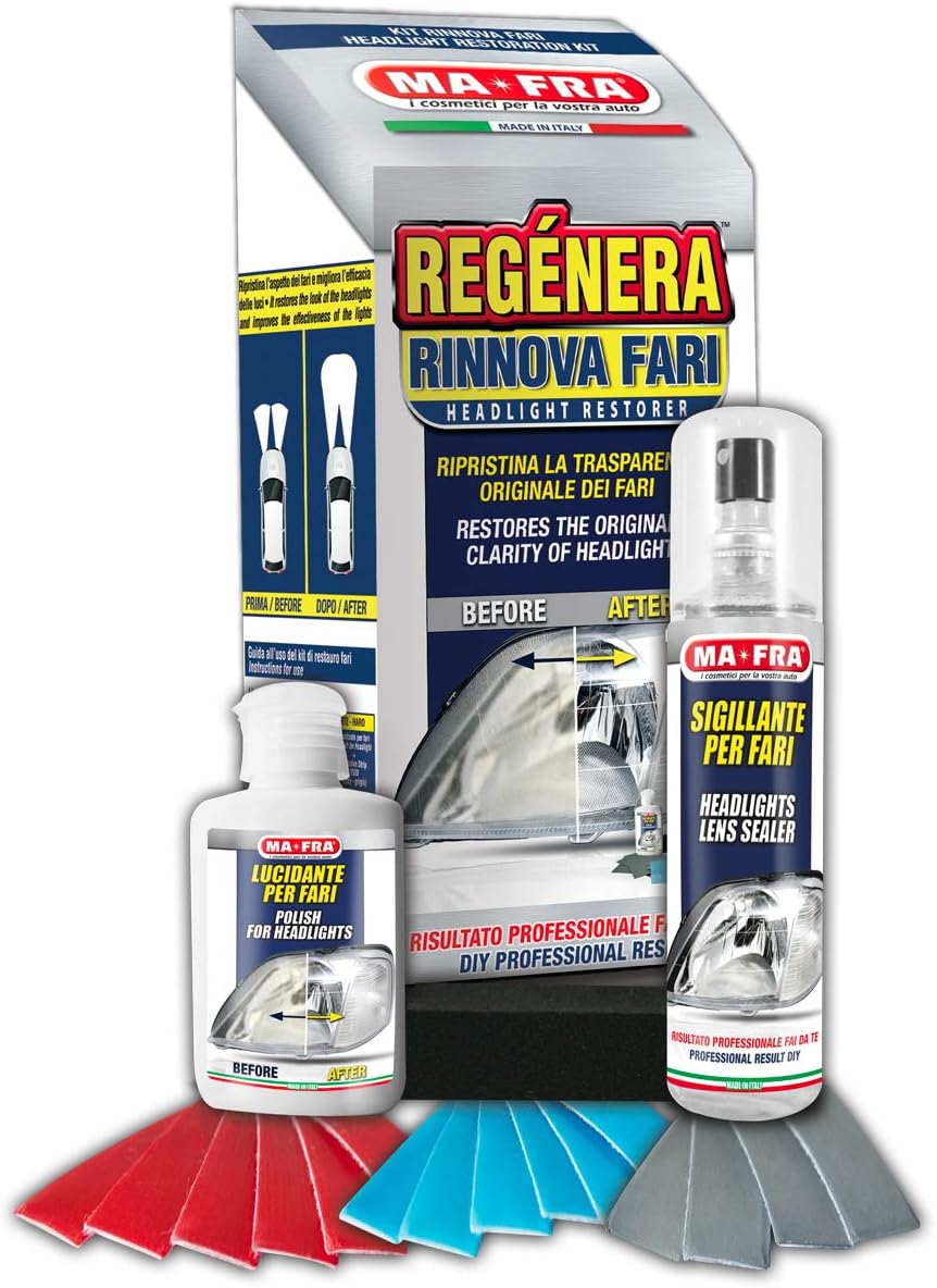 Mafra Car Detailing Headlight Restorer Kit, Contains a Sealant, Polish and Abrasive Papers