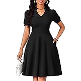 MarryUP Womens Casual Summer Dresses Short Puff Sleeve V Neck A Line Wedding Guest Midi Dresses with Pockets