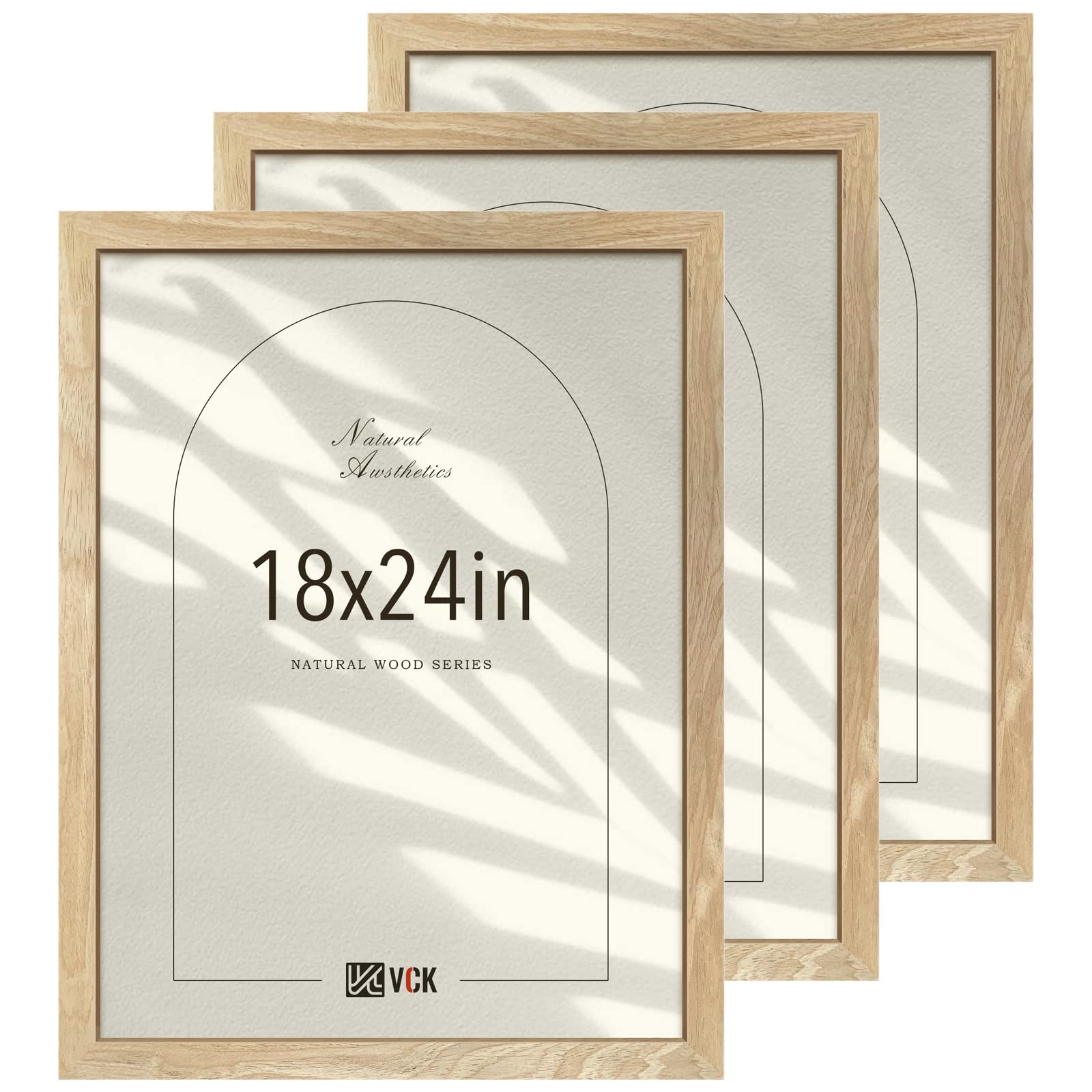 VCK 18x24 Poster Frame Set of 3, Natural Solid Wood Picture Frame with Exclusive Wood Grain, Wall Hanging