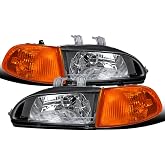 Ronnin - Fits 1992-1995 Honda Civic 2Dr 3Dr EG EH EJ Headlights + Corner | Fits Both Coupe/Hatchback, Black Replacement Headlights with Amber Signal Corner Lights Assembly Pair