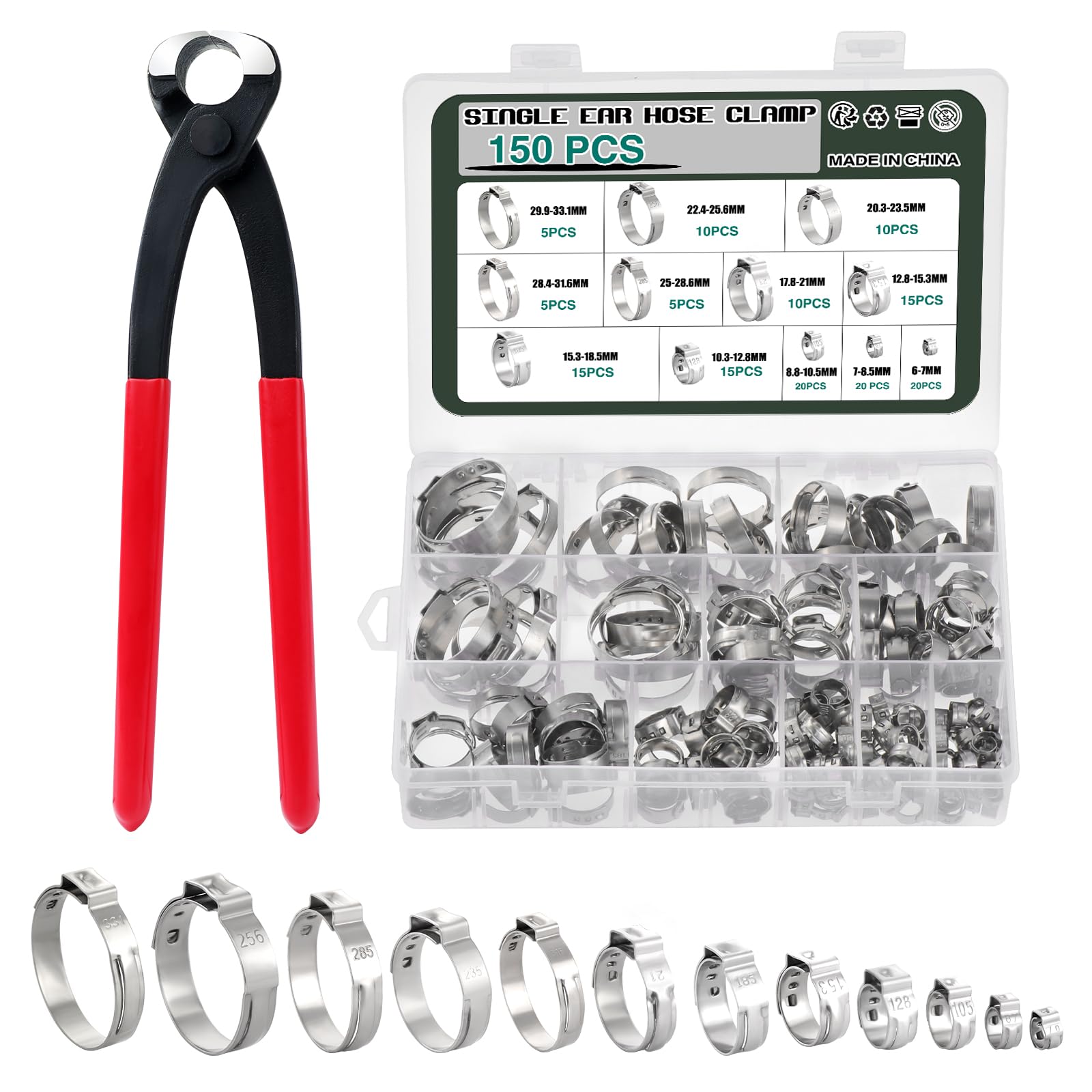 Knpwer 150 Pcs 304 Stainless Steel Single Ear Hose Clamp,6-33.1mm 12 Sizes Crimp Hose Clamp Assortment Kit,Stepless Crimp Clamp