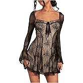 SOLY HUX Women's Lace Mesh Flare Long Sleeve Mini Dress Ruffle Flowy Party Cocktail Dresses