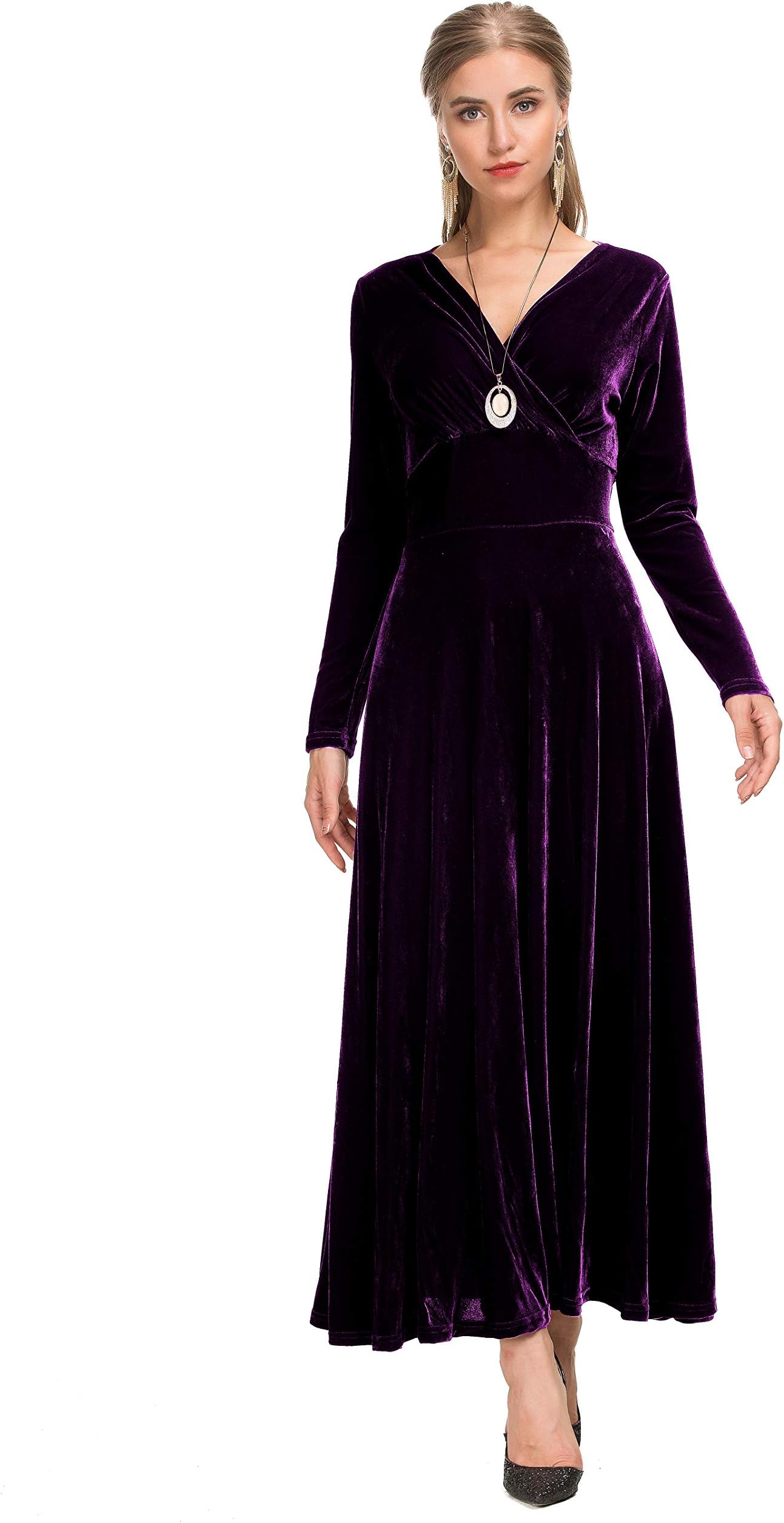 Women's Vintage Velvet Scoop Neck/Vneck Long Sleeve Swing A Line Maxi Dress