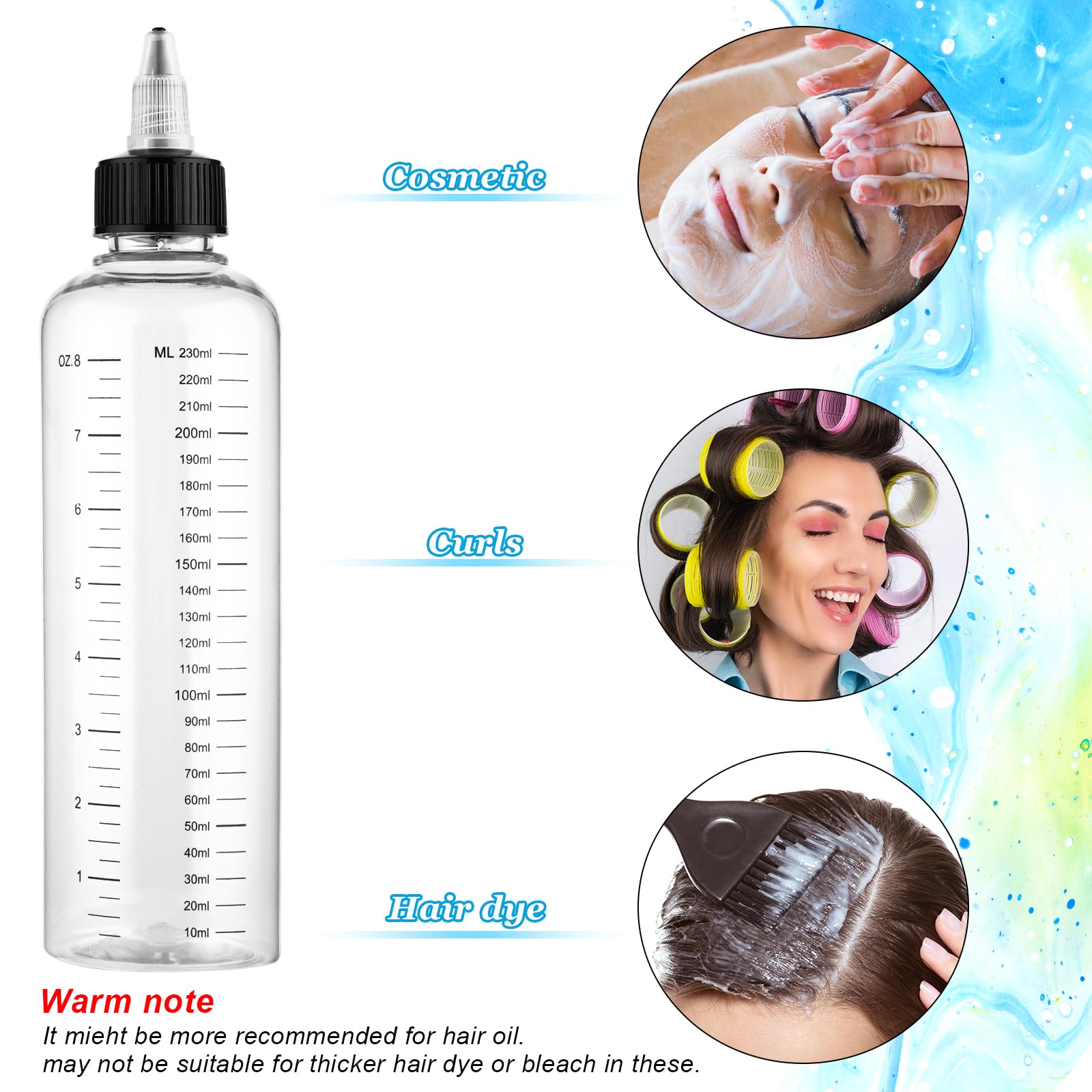 2 Pack Applicator Bottle for Hair 8.5oz Soft Squeeze Empty Oil Dispenser Hair Color Applicator Root Hair Dye PET Plastic Refillable Bottles for Salon Sylist with Graduated Scale and Twist Top