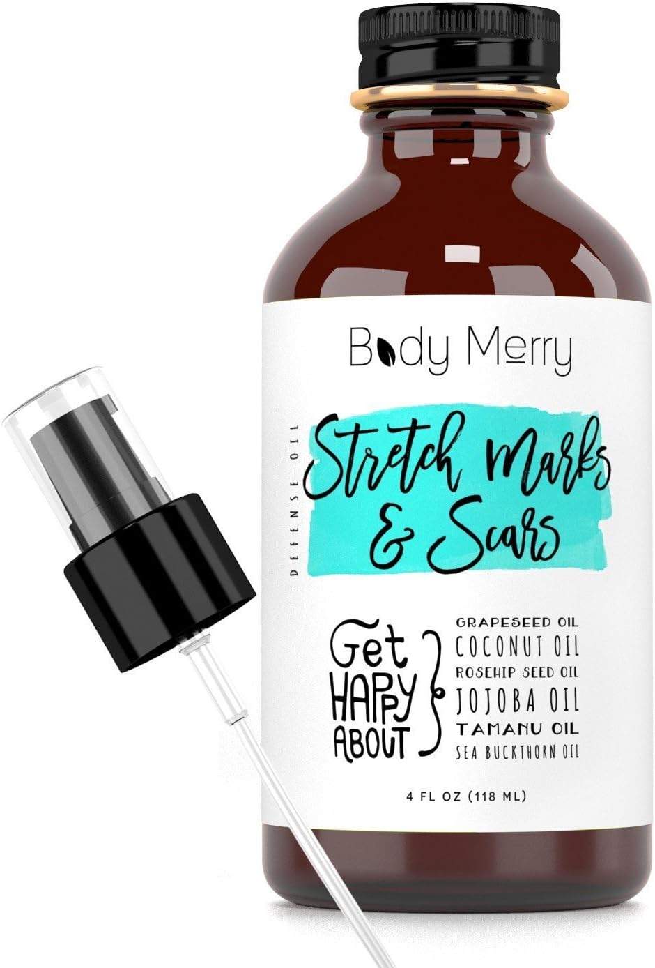 Body Merry Stretch Marks & Scars Defense Oil w All Natural Coconut Oil + Rosehip + Jojoba + Tamanu + Sea Buckthorn to Combat Signs of Stretch Marks, Scars