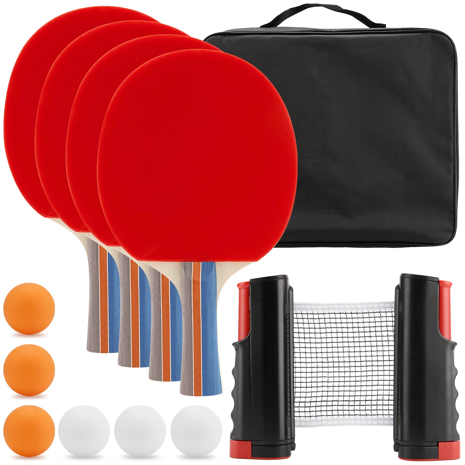 MUKLEI Table Tennis Set, Ping Pong Ball Set, 4 Bats and 6 Balls, Portable Ping Pong Paddle Sets with 175cm Extendable Net & Carrying Bag for Dining Table, Outdoor Game