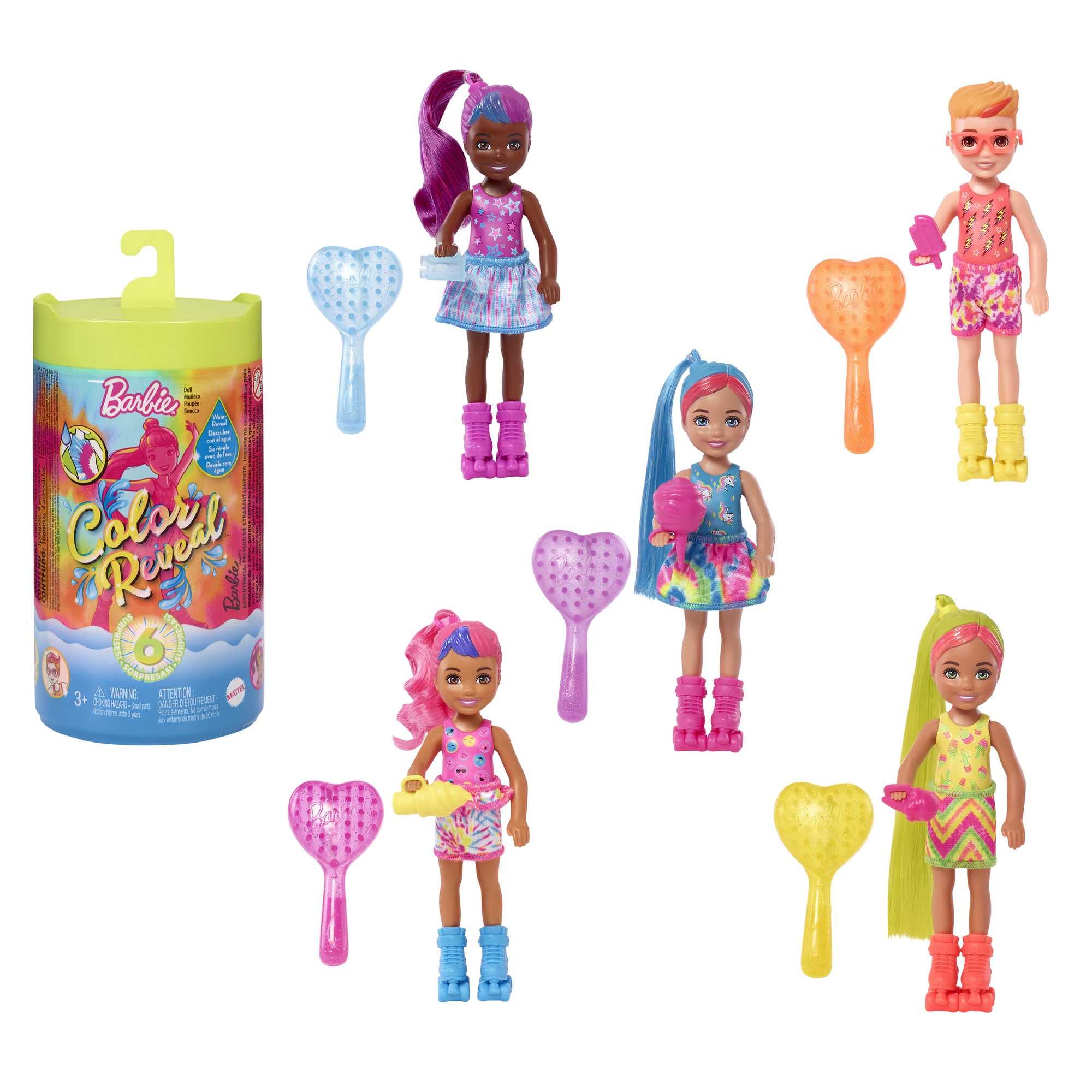 Barbie Chelsea Color Reveal Doll with 6 Surprises, Neon Tie-Dye with Tie-Dye Print & Color Change; Gift for Kids 3 Years & Older