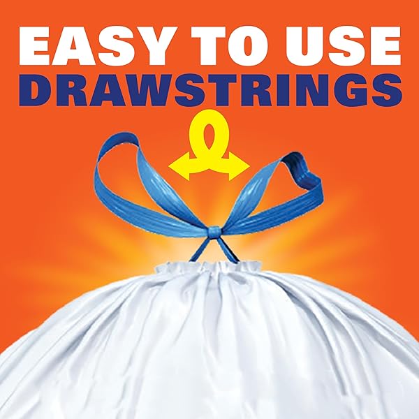 HEFTY STRONG WHITE 13 GALLON TRASH BAGS WITH DRAWSTRINGS, UNSCENTED TALL KITCHEN TRASH BAGS, RESISTS LEAKS, PUNCTURES, AND TEARS, DURABLE CLOSURE, 120 CT.