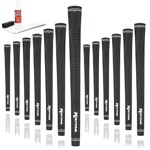 Karma Velour Undersize Golf Grip Kit with Tape Strips, Grip Solvent, Rubber Vise Clamp, 13 Black Ladies Standard / Men’s Undersized Rubber Velvet Style Replacement Golf Grips
