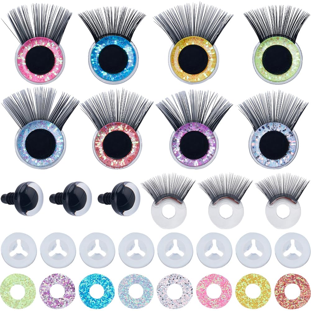 GORGECRAFT 1 Box 16Pcs 8 Colors Safety Eyes Plastic Glitter Animal Doll 3D Eyes with Eyelashes and Washers Dolls Making Supplies for Dog Teddy Bear Amigurumis Crochet Puppet Plush Stuffed Animals 14mm