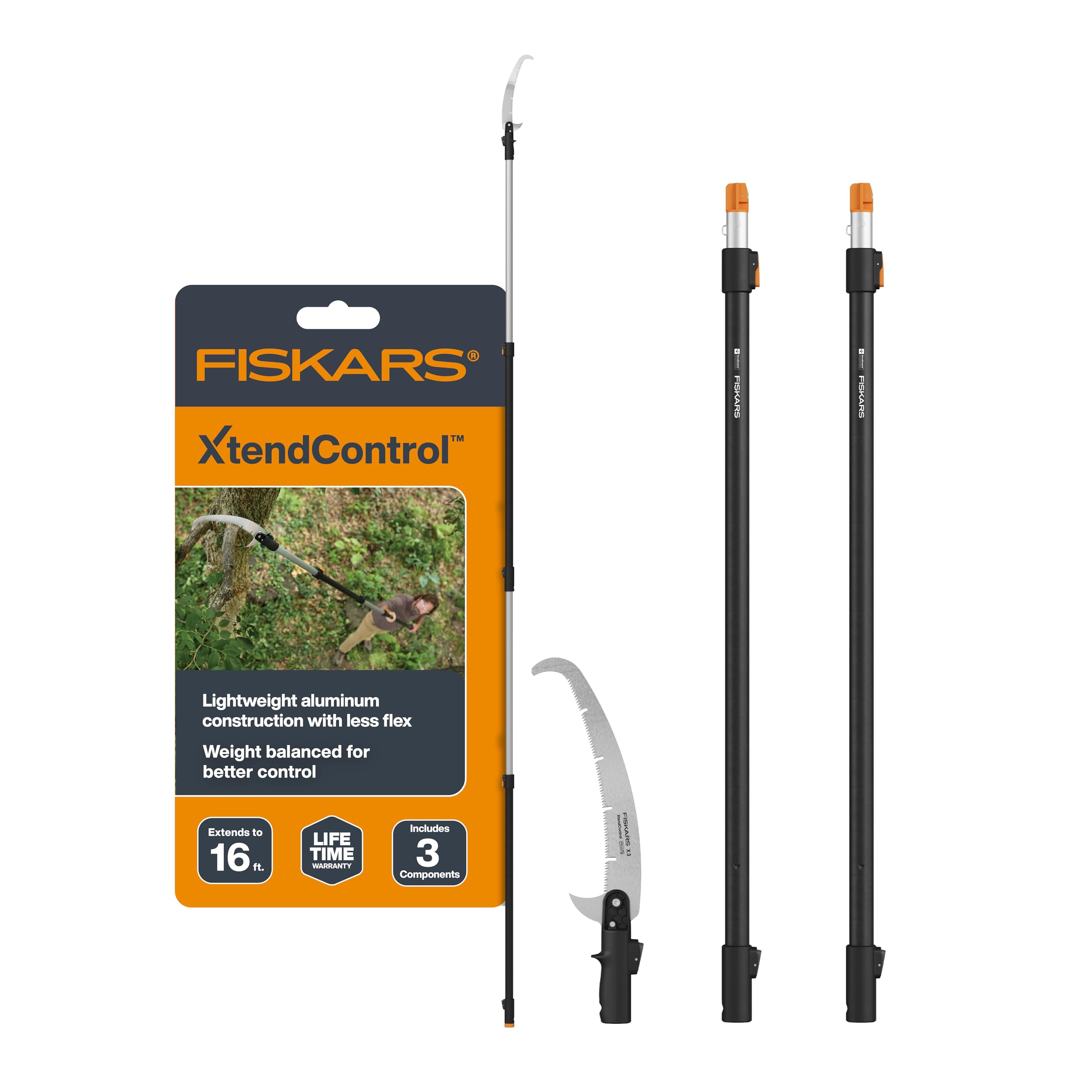 Photo 1 of ***MISSING PARTS*** Fiskars XtendControl 16' Tree Pruner with 15" X3 Double-Hooked Saw, Two 4-8 Ft Extension Pole, Lightweight Aluminum Pole Saw for Fast Cutting with Sawdust Reliefs, Secure Locking System, Orange