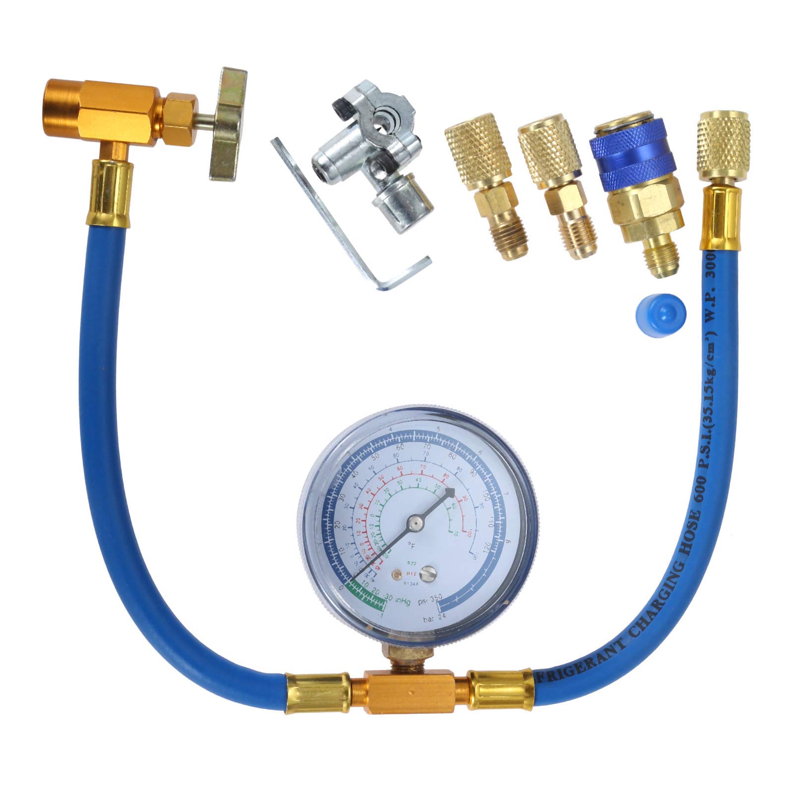 gohantee R134a Charging Hose Kit, Refrigerant Recharge Hose with Gauge 2.75“, R134a Can Tap and Quick Couple, 1/4 Male Adapter Kit and BPV31 Piercing Valve for Air Conditioning
