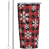 YIKISSKID Snowflake 20oz Tumbler with Lid and Straw for Women Men, Red Black Buffalo Plaid Insulated Mug Christmas Snowflake Stainless Steel Tumbler Double Wall Vacuum Travel Mug Coffee Cup