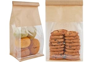 Ocmoiy 50Pcs Bakery Bags with Window, Resealable Tin Tie Tab Lock Bread Storage Bag, Clear Front Snack Bags for Packaging Cookies, Loaf, Popcorn, Paper Treat Bags