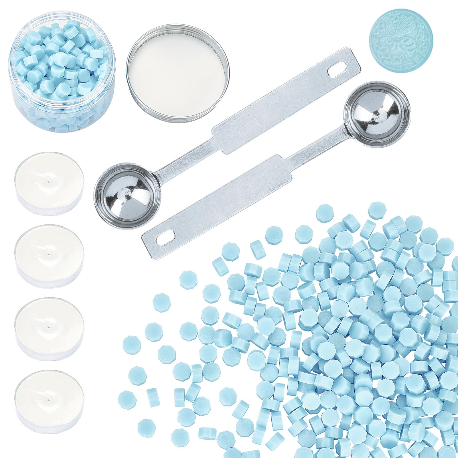 CRASPIRE 300PCS Wax Seal Beads Kit Light Blue, Sealing Wax Beads Set Packed in Container, 2PCS Wax Melting Spoon and 4PCS Candles for Wax Seal Stamp, Sealing Envelopes, Invitaions, Cards