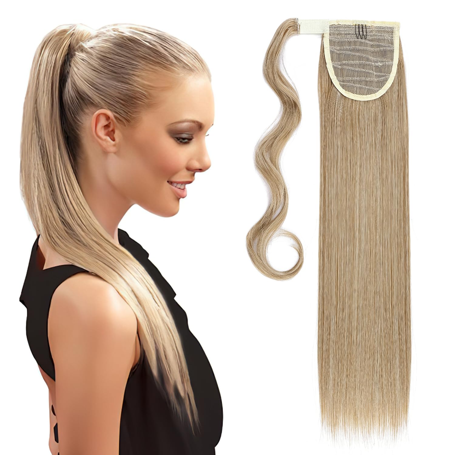 S-noilite 23" Long Straight Wrap around Ponytail Extensions Clip in Ponytail Hair Extensions Hairpiece for Women for Daily Use Light Ash Brown mix Bleach Blonde