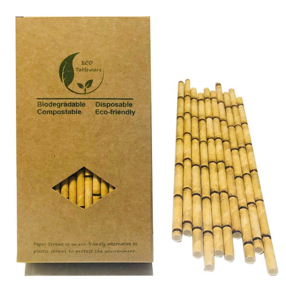 Yellow Bamboo Paper Straws, 100 Pack Biodegradable Disposable Bamboo Pattern Drinking Straws for Cake Topper Party Decorations, Replace Plastic Straws