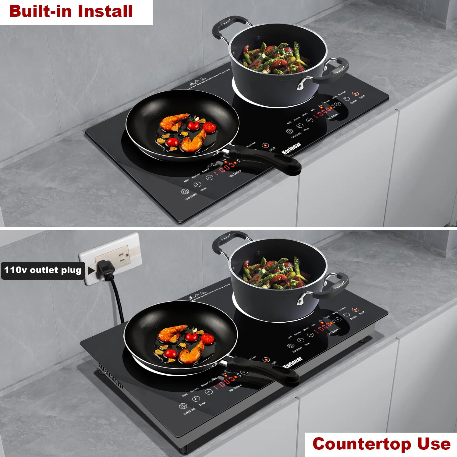 Karinear 2 Burners Electric Cooktop 24 Inch, 110v~120v Countertop and Built-in Elecric Stove Top, Portable Electric Radiant with Outlet Plug, Sensor Touch, Child Safety Lock, Timer(white)