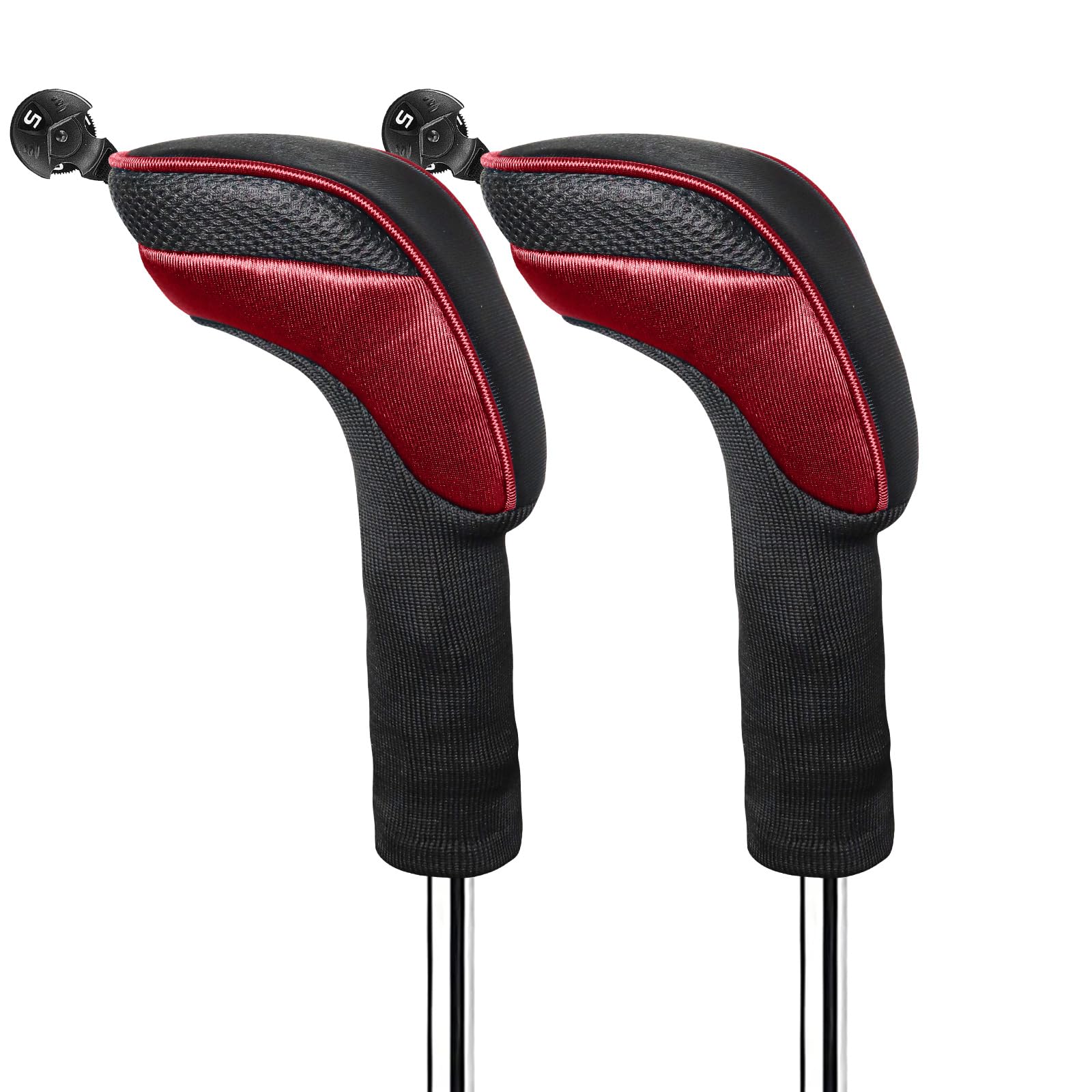 FINGER TEN Golf Club Head Covers Woods Hybrids Long Cover, Headcovers with Interchangeable No. Tags Fit All Hybrids Wood Clubs Light Durable (Carmine-2 Pack Hybrid Covers)