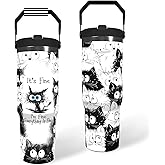 Cat Tumbler with Top Handle Straw and Lid Large Water Bottle Reusable Stainless Steel Coffee Cup for Hot and Cold Drinks Gift for Women Man White Black Cat Painted Travel Mug (white, 30oz)