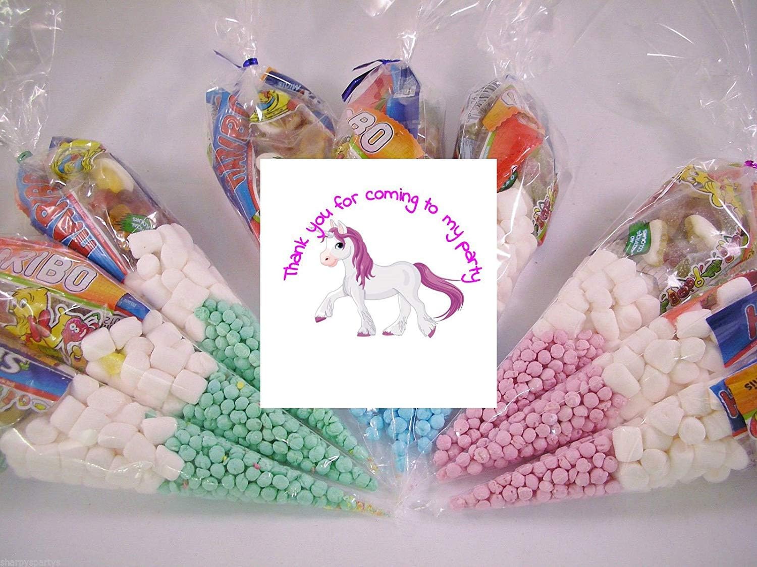 partyshopuk 20 x Unicorn Themed Personalised Pre Filled Sweet Cones Kids Party Bags Children's Birthday