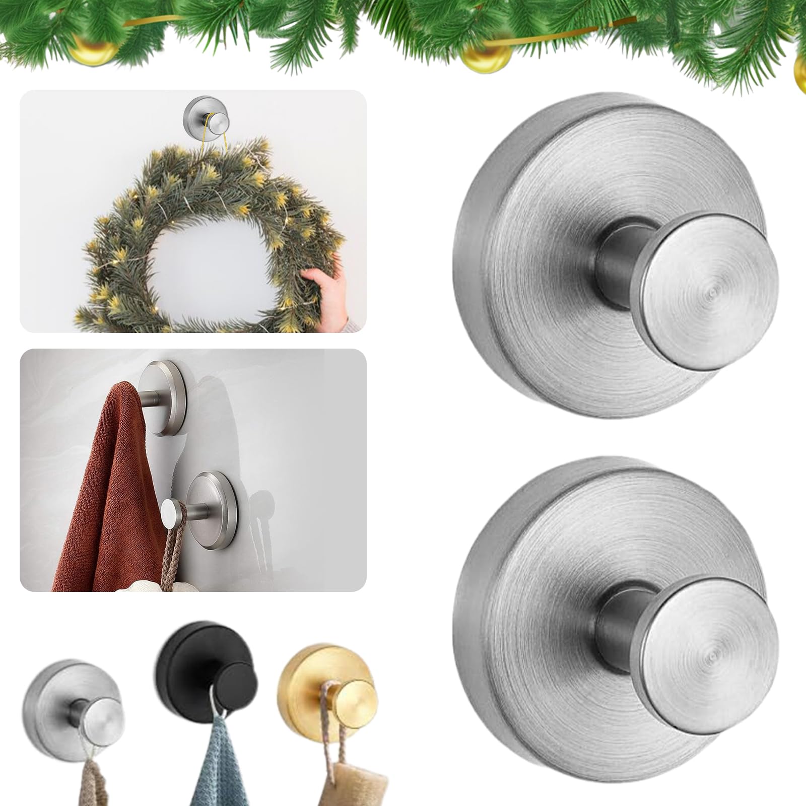 GUO-SWY 2PCS Stainless Steel Bathroom Towel Hook, New Stainless Steel Waterproof Suction Cup Hooks for Shower,Suction Cups with Hooks,Upgraded Suction Hook for Bathroom Hanging Towels (Silvery)