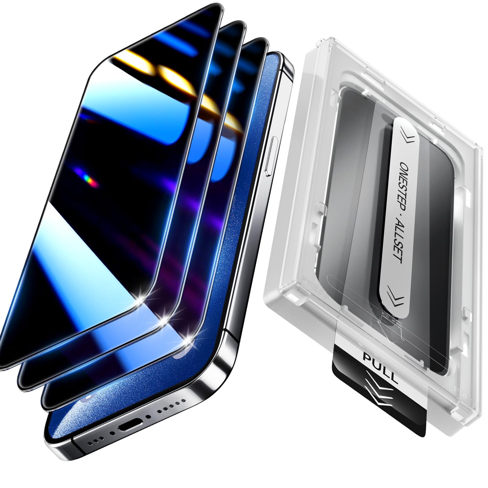 Fonowlo 25° Anti-Spy Privacy Screen Protector for iPhone 16 6.1 Inch, 3-Pack with Auto-Alignment Kit – 9H Hardness, HD Clear, Bubble-Free, Case-Friendly Tempered Glass Image