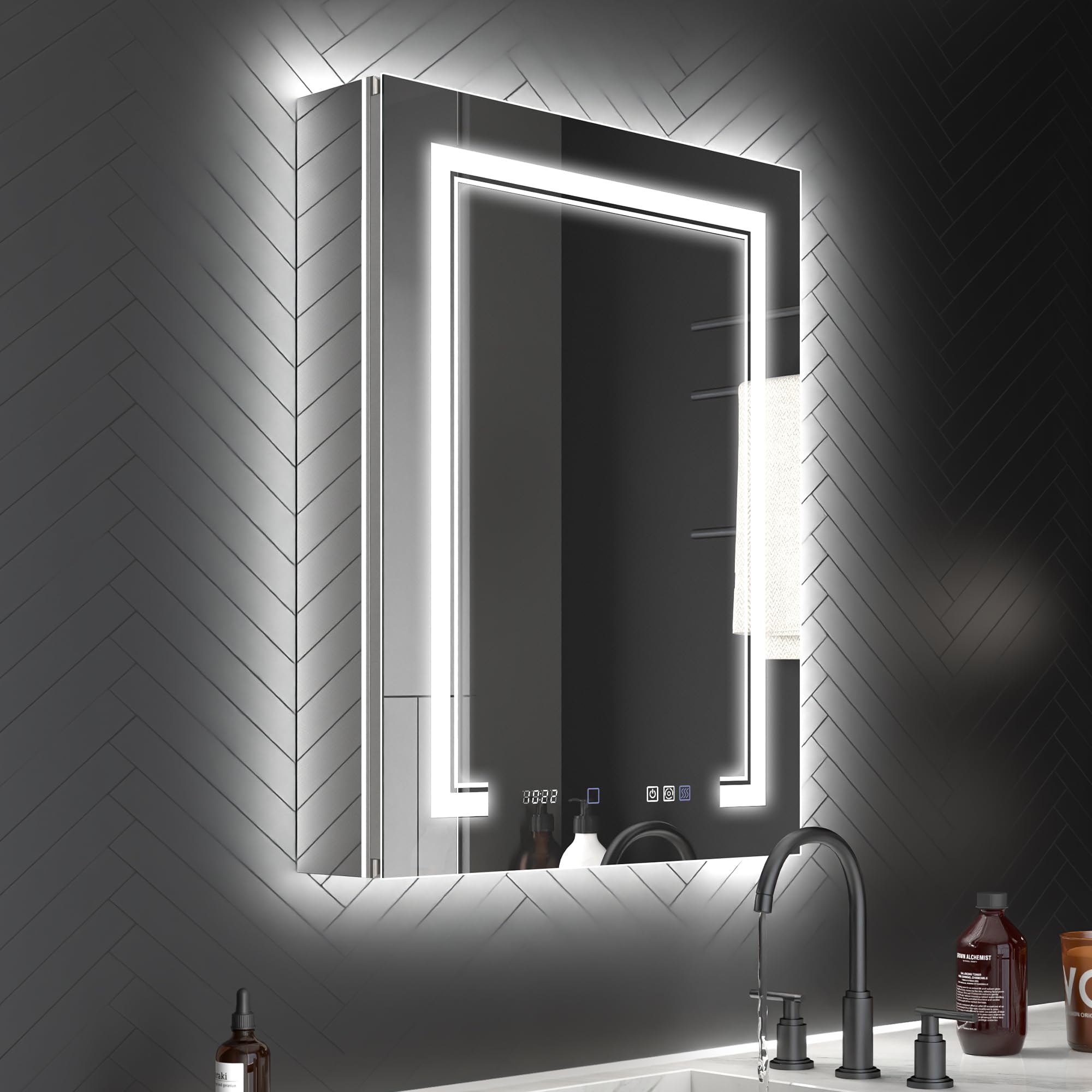 Photo 1 of *Glass pieces inside/Unsure what's broken* ExBrite 24 x 32 LED Lighted Medicine Cabinet with Mirror, Front & Backlit, Night Light, Clock & Temp Display, Defog, 5X Magnifier, 3-Color Dimmable LED, Surface/Recessed Mount, Hinge On the Right