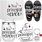 FoldTier 5 Pcs Principal Appreciation Gifts for Women Men Principal Valentine Gifts Tumbler with Lid and Socks Stainless Steel Keychain Acrylic Heart Shaped Sign for Principals Day Birthday Retirement