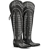 Krypthixor Thigh High Cowboy Boots with Lace Up Wide Calf Over The Knee Cowgirl Boot for Women Embroidered Western Tall Boots with Side Zipper and Chunky Heel