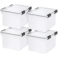 IRIS USA File Box WeatherPro File Organizer Plastic File Box for Letter/Legal File, Water Resistant Document Box, Durable Lid, Seal w/ Secure Latching Buckles, Stackable, Nestable, Clear 32 Qt. 4Pack