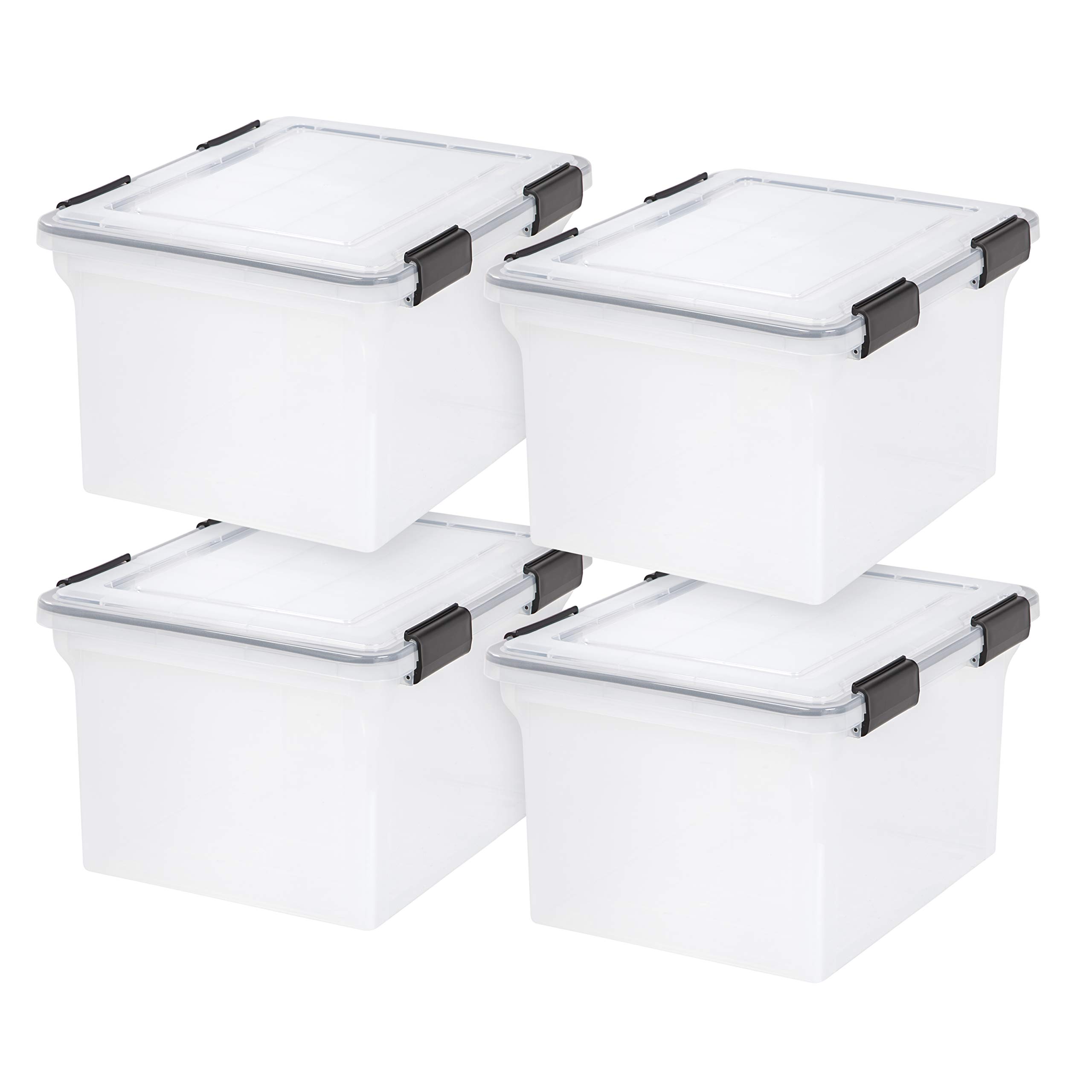 Photo 1 of **ONE HAS CRACK ON TOP CORNER**IRIS USA File Box WeatherPro File Organizer Plastic File Box for Letter/Legal File, Water Resistant Document Box, Durable Lid, Seal w/ Secure Latching Buckles, Stackable, Nestable, Clear 32 Qt. 4Pack