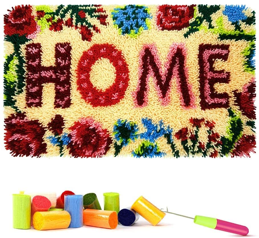 ROCKY&CHAO Latch Hook Kit for Adults & Kids - Flower Pattern 60x40cm, Complete DIY Rug Making Craft Kits with Yarn & Canvas and Crochet Needle, Adult Craft Kits for Women, Relaxing Home Art Project