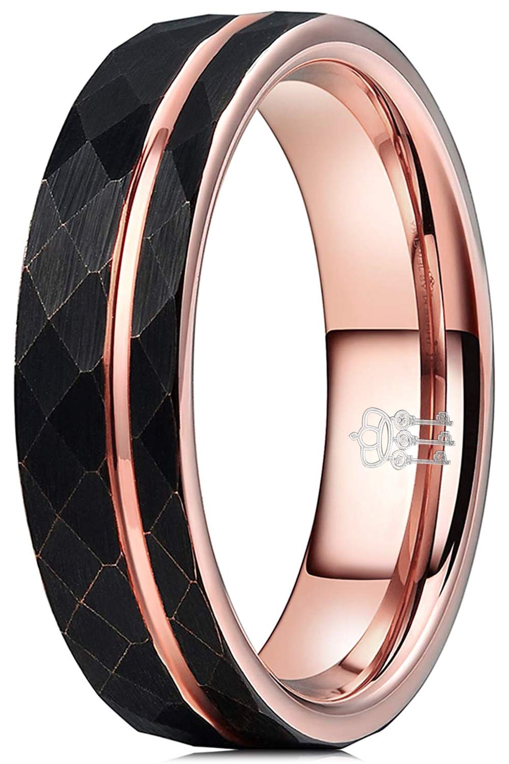 THREE KEYS JEWELRY Mens Womens Black Tungsten Rings 4mm 6mm 8mm Hammered Facet Silver Brushed with Rose Gold Stripe Wedding Bands, Metal, No Gemstone